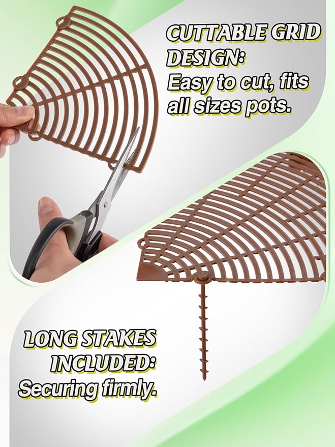 3 Plant Pot Grid Cover Protectors from Animals - 20.8" Dia Cuttable Flower Pot Soil Cover with 36 Stakes, Keep Cats Out of Potted Plants, Indoor Cat Digging Stopper, Baby Safety