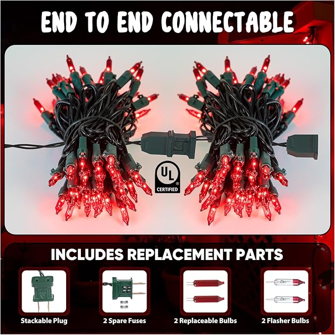 Red Christmas Lights, 13FT 50 Count Incandescent Mini String Lights with Green Wire, UL Certified Connectable Valentine's Day Lights for Indoor Outdoor Garland Party Xmas Holiday