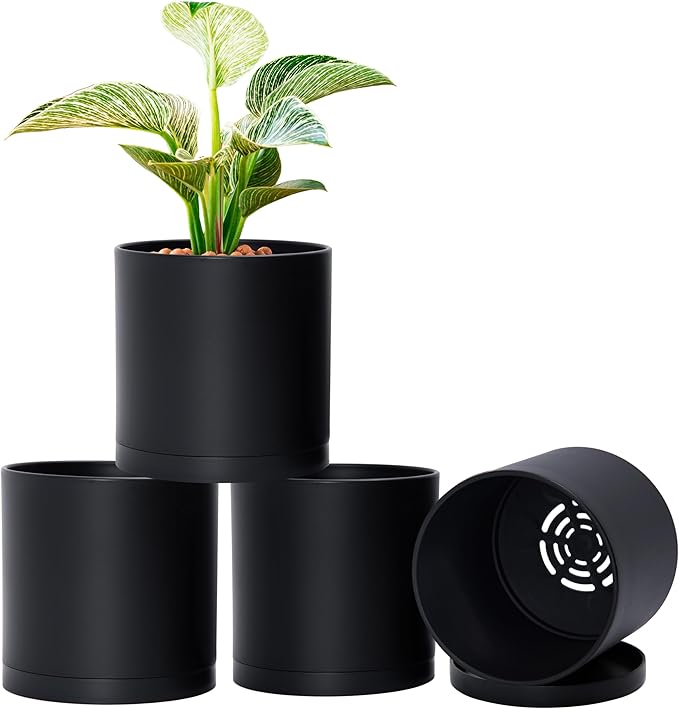 D'vine Dev 4 Pack 6 Inch Modern Plastic Plant Pots, Small Garden Planters for Plant with Drainage Holes and Saucers, Black Color, 74-Y-J-2