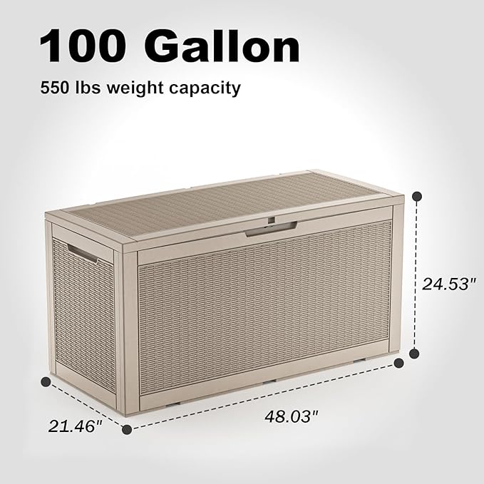 EasyUp 102 Gallon Outdoor Storage Box Waterproof, UV Resistant Resin Deck Box with Hydraulic Rod, Lockable Design and Enhanced Durability for Patio, Garden, and Poolside Use