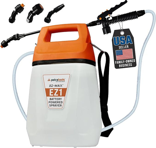 PetraTools EZ1 Battery Powered Sprayer 1 Gallon - Lawn and Garden Electric Sprayer for Weed/Pest Control, Watering & More - Battery Operated for Effortless Spraying (1 Gallon)
