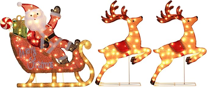 Hykolity 2.5D Santa Sleigh Ride Iron Outdoor Christmas Decoration, 170 Warm White LEDs with UL Transformer, Stained-Glass Fabric Figures Yard Decor