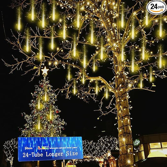 Kwaiffeo Warm White Christmas Lights Outdoor, 24 Tubes(Equivalent to 3 Sets of 8-Tube) LED Meteor Shower Lights for Xmas Wedding Party Decorations, Warm White Fairy Icicle Light for Yard Outside