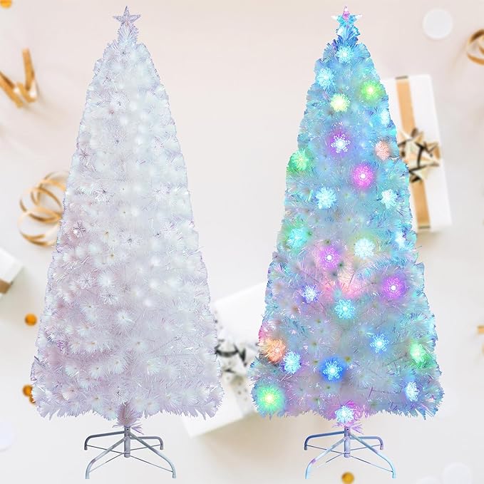 Juegoal 6ft Pre-Lit Artificial Christmas Tree, Lighted Optical Fiber Xmas Trees with Color Changing LED Lights, Snowflakes & Top Star, Party Home Holiday Fake Multicolored Tree with Metal Legs, White