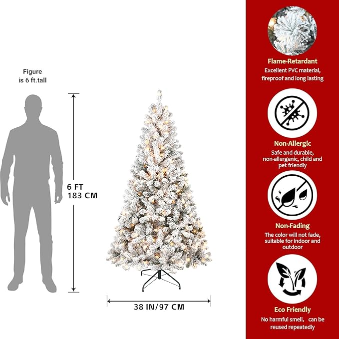 6FT Pre-Lit Flocked Christmas Tree with 250 Warm White Lights, Full White Christmas Tree with Premium PVC Branches,Realistic Snowy Look, Indoor Fake Snow Xmas Tree for Home Office Shops