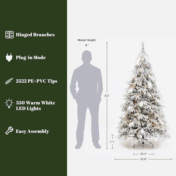 LuxenHome 6.5FT Flocked Artificial Christmas Tree, Downswept Branches Spruce Prelit Christmas Trees with 350 Warm White LED Lights and Feather Accents, 2522 PE+PVC Tips, Xmas Tree Holiday Decor