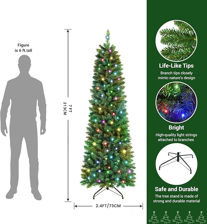 SHareconn 8ft Prelit Artificial Hinged Slim Pencil Christmas Tree, with Remote Controlled Multi-Color RGB Lights, Perfect Choice Decoration for Xmas Holiday, 8 FT, Green