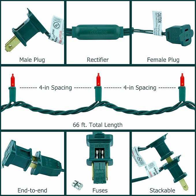 YULETIME 200 Count Red LED Christmas Lights, 66 Feet Green Wire UL Certified Commercial Grade Holiday String Light Set (Red)