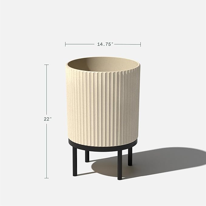 Veradek Demi Series Round Planter w/ Stand for Porch/Patio | Durable Plastic-Concrete & Wooden Stand | Modern Décor for Tall Plants, Flowers