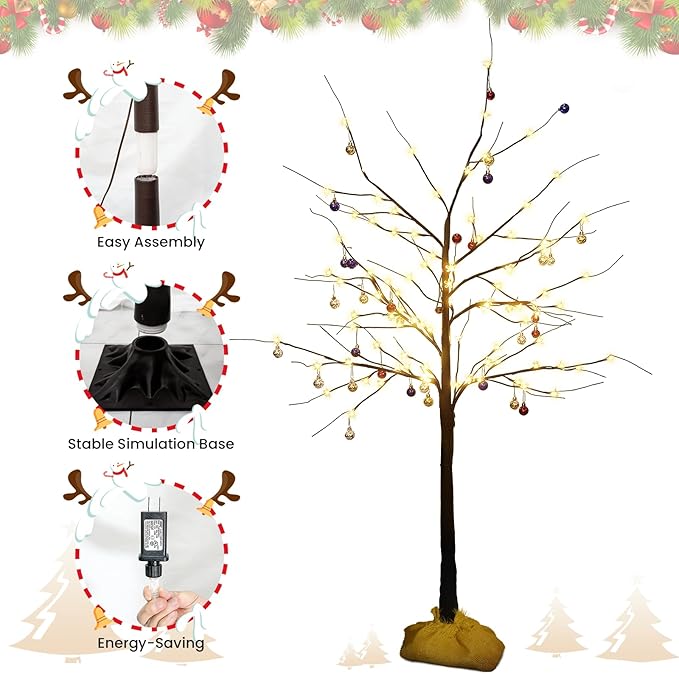Lamerge Brown Lighted Birch Tree Set of 3, Christmas Decorations Birch Tree with Lights for Home Holiday Party, Indoor/Outdoor 4FT+5FT+6FT, Halloween Decorations