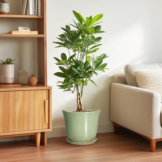 Ceramic Pots for Plants - 10 Inch Planter with Drainage Hole and Tray, Round Large Planter for Indoor Plant Outdoor, Modern Flower Pot, Garden Office Home Decor, Gift for Plant Lover, Green