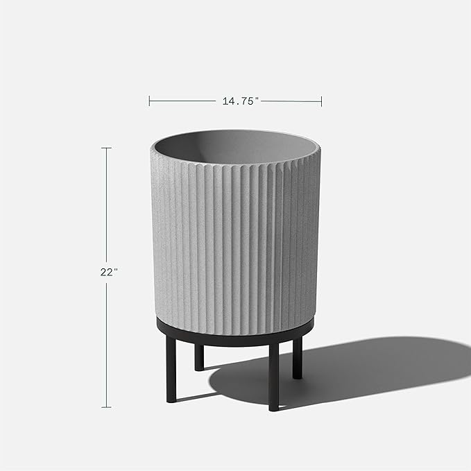 Veradek Demi Series Round Planter w/Stand for Porch/Patio | Durable Plastic-Stone Composite & Wooden Stand | Modern Décor for Tall Plants, Flowers