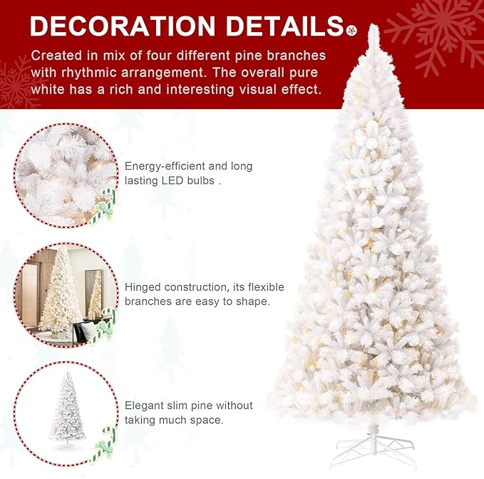 Glitzhome 10ft Pre-Lit Slim Artificial Christmas Tree, Aspen Frostfall Pine Hinged Holiday Xmas Tree with Foldable Metal Stand, 800 Warm White Lights, Ideal for Home, Office, Party Decoration