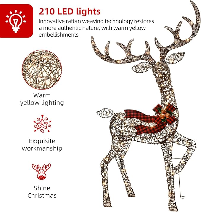 Outdoor Christmas Decorations Rattan Reindeer Family - Light Up Rattan Deer 3 Set with 210 LED Lights - Outside Yard Decor Kit Including Lighted 3-Piece Deer, Stakes - Brown