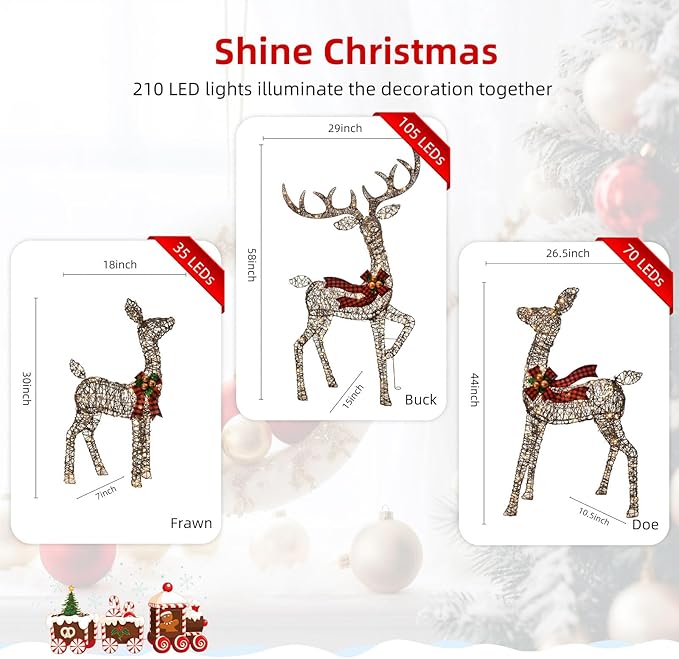 Outdoor Christmas Decorations Rattan Reindeer Family - Light Up Rattan Deer 3 Set with 210 LED Lights - Outside Yard Decor Kit Including Lighted 3-Piece Deer, Stakes - Brown