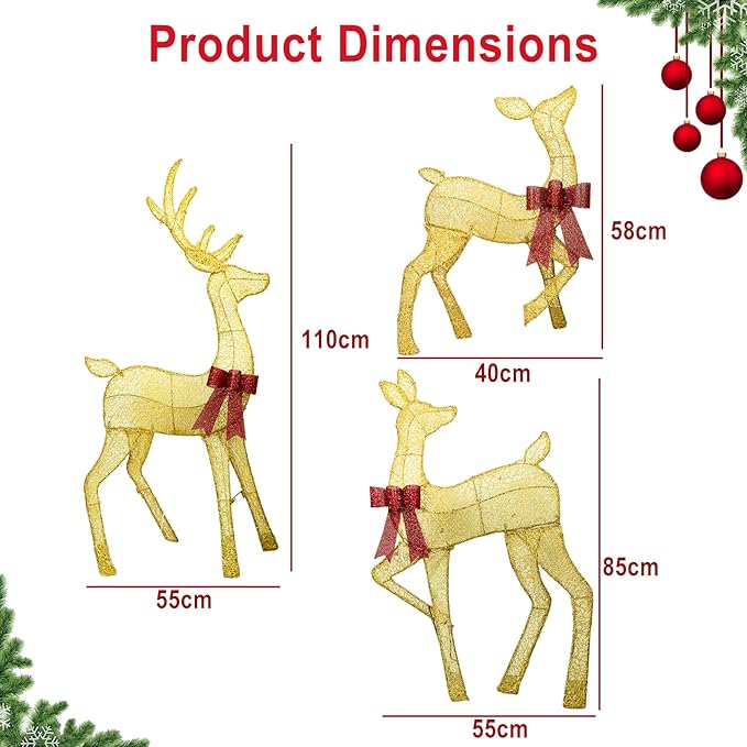 45" Light Up Outdoor 2D Christmas Reindeer Decor, Featuring Durable Metal Frame, Ground Stakes, Waterproof Snow-Resistant Design, Perfect for Vintage Christmas Home, Tree, and Garden Decoration, Gold