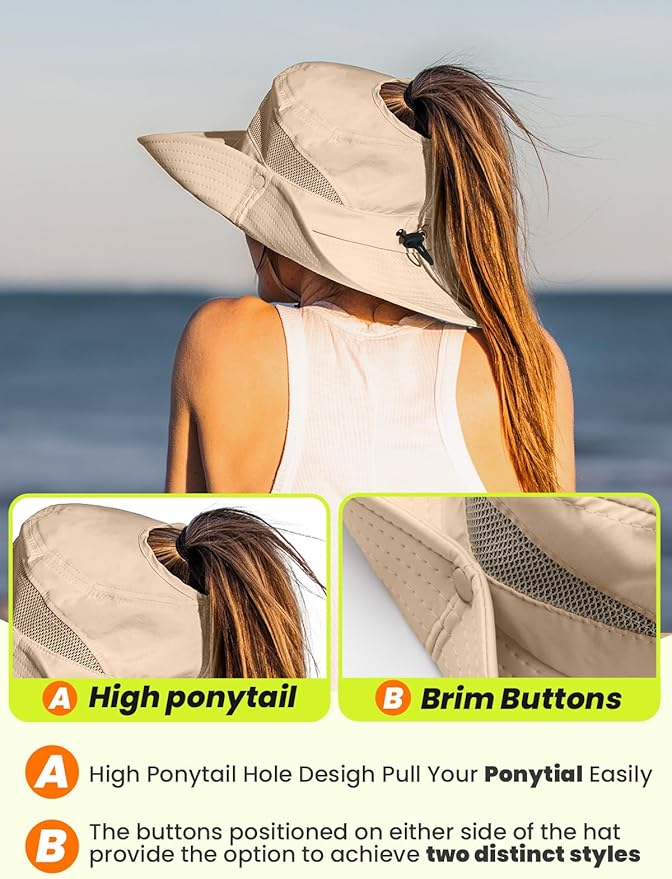 EW EastWater Beach Sun Bucket Hats for Women,UV Protection High Ponytail Hole UPF 50+ Waterproof for Hiking Safari Fishing