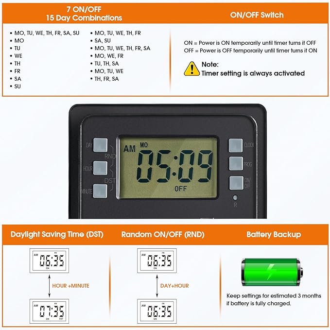 SURAIELEC Outdoor Power Stake, 7-Day Programmable Digital Timer, Power Strip Weatherproof, 6 Multi Plug Electrical Outlet Waterproof, 6FT Extension Cord, for Outside Yard Light, Halloween Decorations
