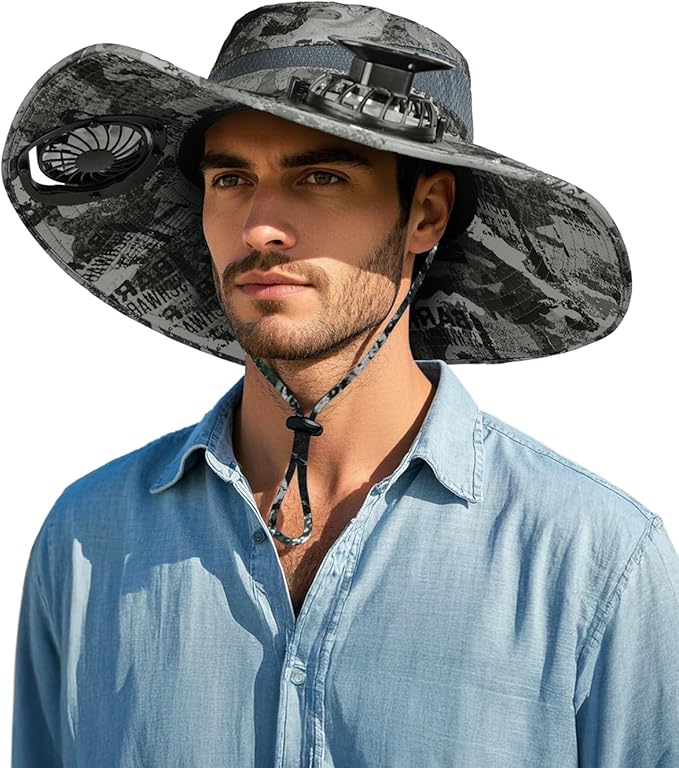 Wide Brim Sun Hat with 2 Solar Fan, Sun Bucket Hat for Men Women, UPF 50+ Bucket Fishing & Beach Hat with Fan