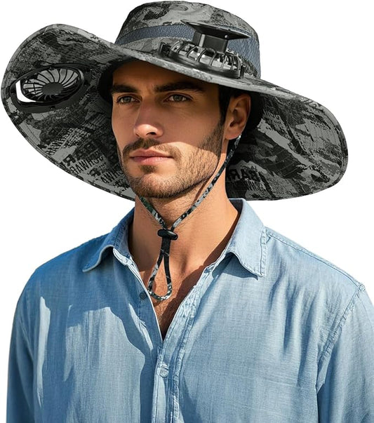 Wide Brim Sun Hat with 2 Solar Fan, Sun Bucket Hat for Men Women, UPF 50+ Bucket Fishing & Beach Hat with Fan