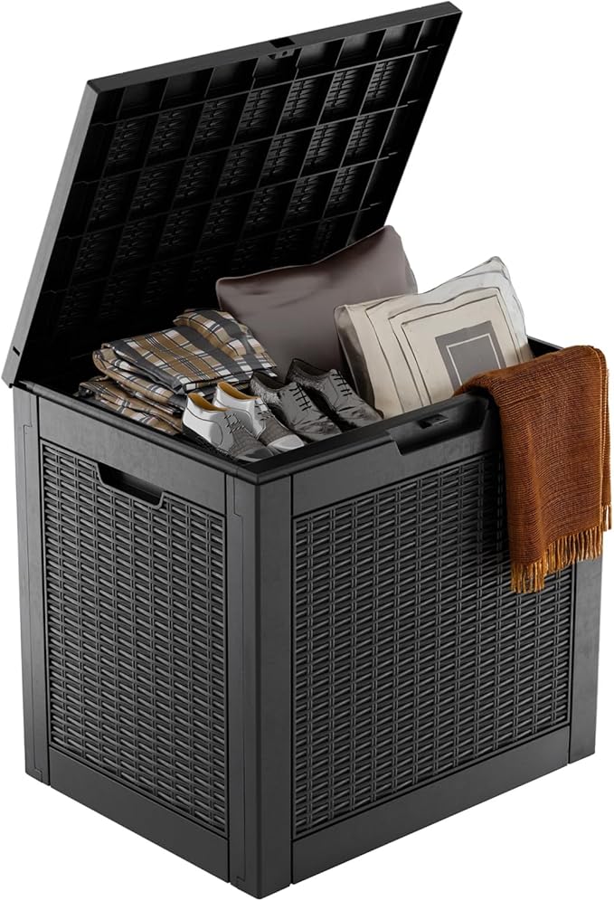 31 Gallon Outdoor Deck Box,Storage Lockable Waterproof Patio Furniture,Garden Tools,Cushions,Pool Accessories Outside Storage Resin Box(Black)