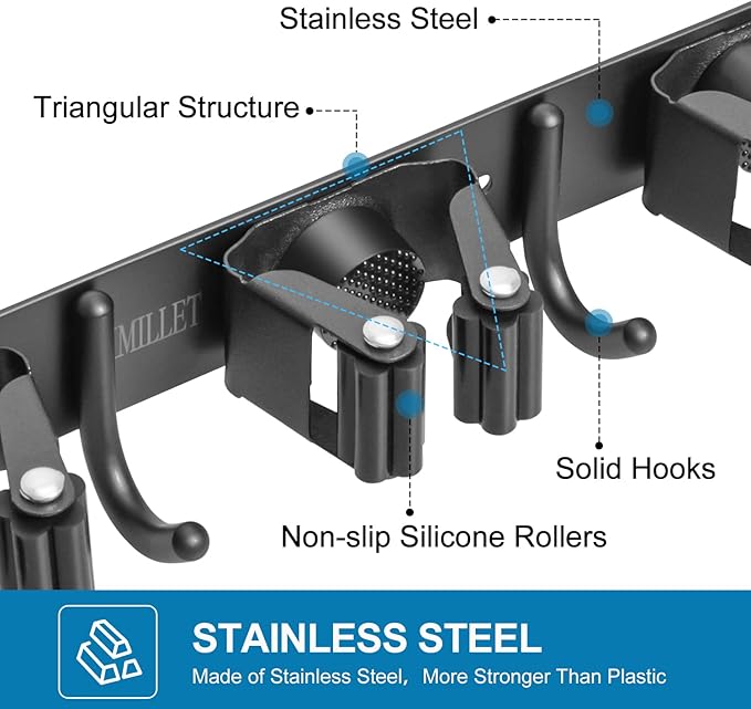 IMILLET Broom Holder Wall Mount, Broom Holder Stainless Steel Heavy Duty Garage Organization Broom Organizer Wall Mount Self Adhesive Laundry Room Organization and Storage（5 Racks and 4 Hooks）