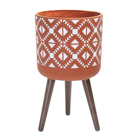 D'vine Dev 12 Inch Planter Pot with Stand, Mid-Century Tall Plant Pot with Legs for Indoor Plants, Pottery Red Terracotta/White, 88-G-C-5