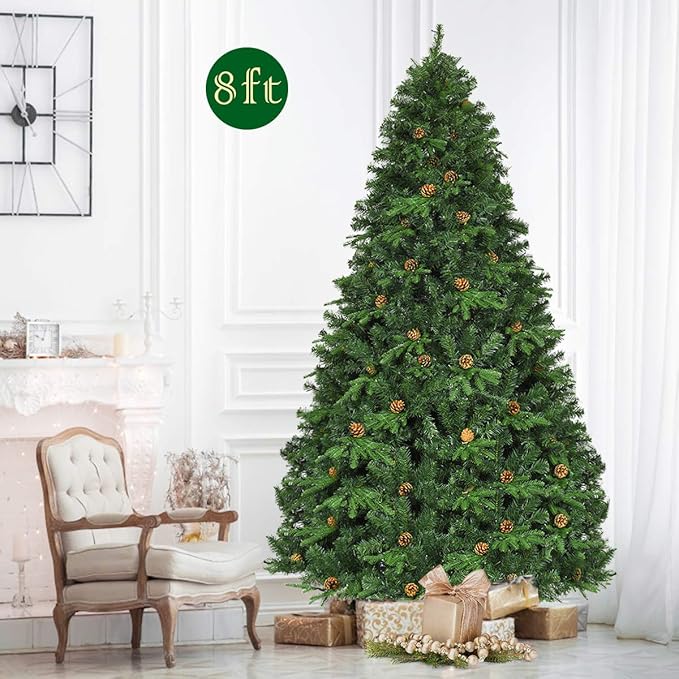 GOFLAME 8ft Artificial Pre-lit Christmas Tree with Warm White LED Lights and Pine Cones, Home Holiday Décor, Hinged, 1335 Branches for Indoor Decoration, Easy Setup