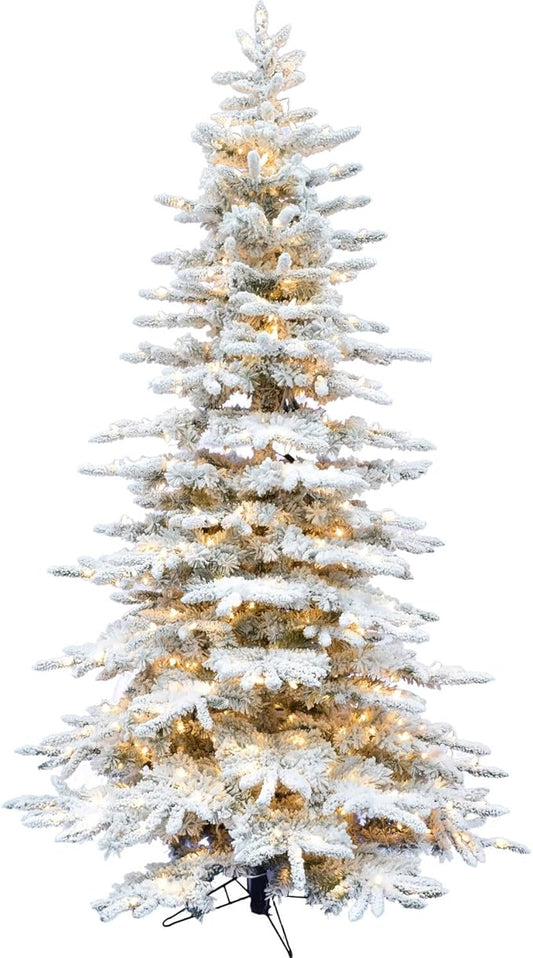 Fraser Hill Farm 6.5-Ft. Pine Valley Flocked Christmas Tree, Faux Prelit Christmas Tree, Includes Easy to Connect and Set up Warm White LED Lights, Artificial Christmas Tree, Perfect Home Decoration