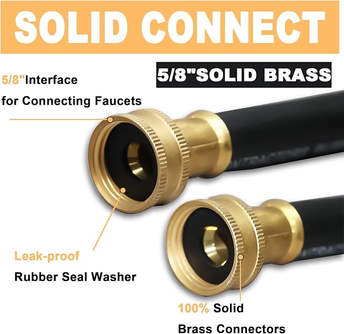 Aain 50FT 5/8 Heavy Duty Flexible Durable Rubber Garden Hose with Brass Fittings Kink Free Leakproof for Gardening Agriculture Car Washing Black
