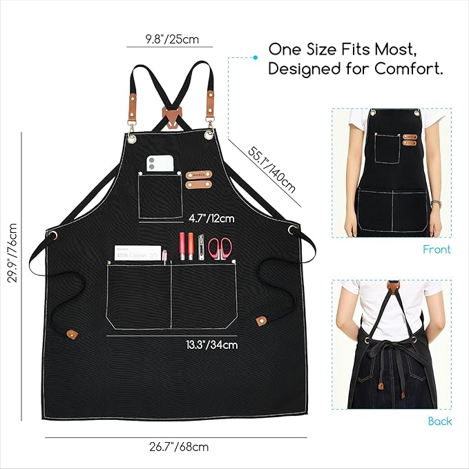 MEEDEN Painting Apron for Men Women: Adjustable Cross Back Waterproof Polyester Canvas Art Apron with 3 Pockets - Artist Apron for Acrylic Oil & Watercolor Painting, Gardening, Cooking - Black