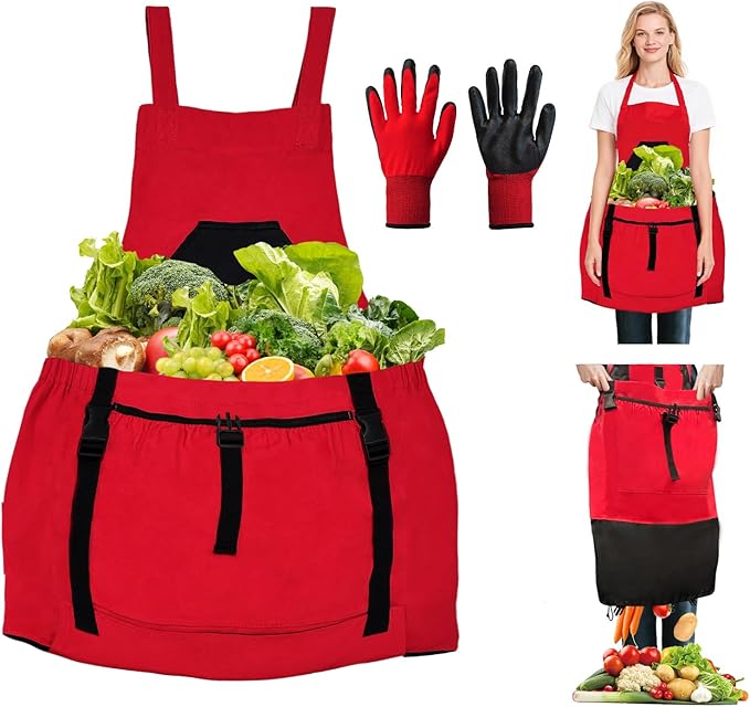Gardening Apron with Pockets for Women/Man, Canvas Apron with Waterproof Harvest Pouch and Adjustable Straps