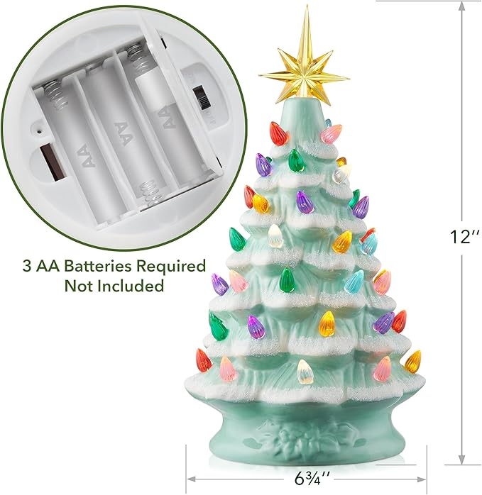 Casafield Hand Painted Ceramic Christmas Tree, Seafoam Snow Flocked 12-Inch Pre-Lit Tree with 100 Multi Color Lights and 2 Star Toppers