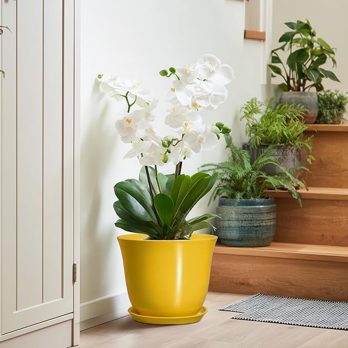 Ceramic Planter - 10 Inch Plant Pot for Indoor Outdoor, Round Flower Pots with Drainage Hole and Saucer, Large Plant Pot, Modern Planters, Home Room Decor, Gifts for Plants Lovers, Yellow