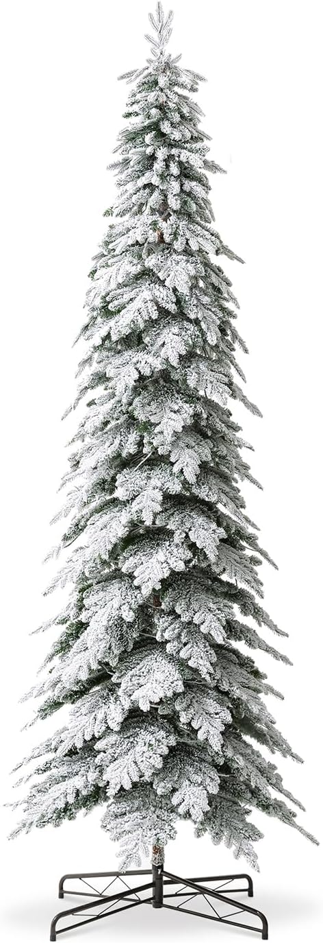 Glitzhome 11ft Prelit Christmas Tree, Artificial Christmas Tree with 700 Warm White Lights, Flocked Pencil Tree Chicago Frostwood Spruce Xmas Tree w/2890 PE&PVC Branch Tips and Sturdy Metal Stand