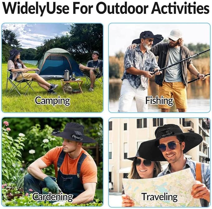 Solar Powered Fan Hat for Men Women Wide Brim Hat with 2 Fans UPF 50+ Outdoor Fishing Beach Sun Hat