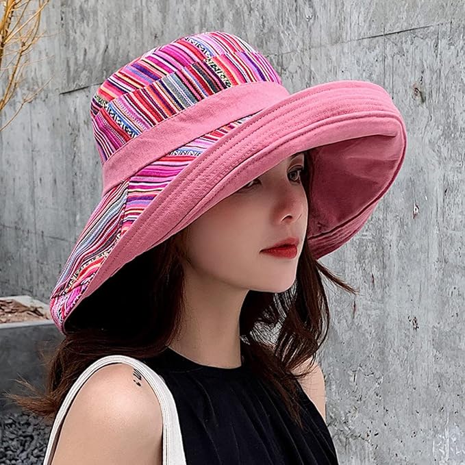Women Wide Brim Sun Hats Metal Wired Edge Summer UV Protection Beach Fishing Hat for Hiking Garden Travel Chin Strap