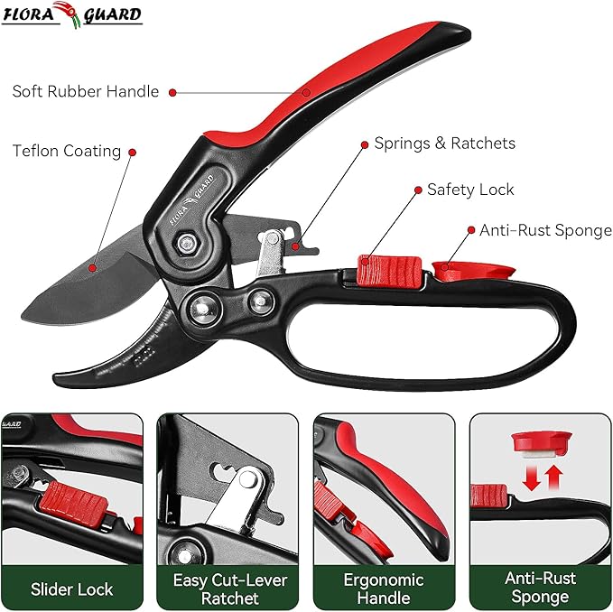 FLORA GUARD Ratchet Pruning Shears, Professional Garden Clippers, Increases Cutting Power 3x, Sharp Gardening Scissors, Cutting Rose, Flower, Hedge, Stem, Tree, Perfect for Weak Hands & Arthritis