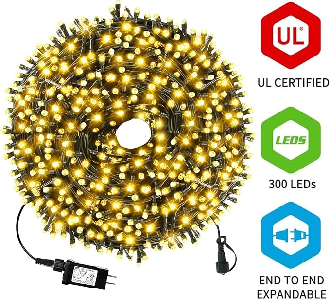 105FT 300LEDs Christmas Lights Outdoor Indoor 8 Modes for Christmas Tree Party Decoration, 100% UL Listed (Warm White)