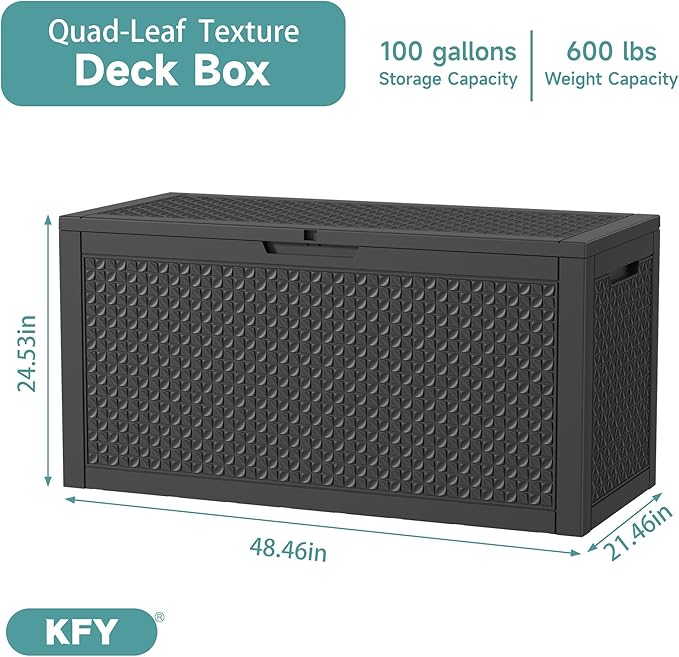 100 Gallon Waterproof Outdoor Storage Box, UV Resistant Resin Deck Box with Hydraulic Rod for Reinforced Stability, Perfect for Patio, Garden, and Pool, Quad Leaf Black
