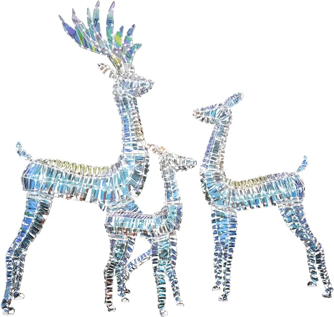 AWQM 3-Piece Lighted Christmas Reindeer, Christmas Deer Family Set, 50+80+100 LED Lights, Indoor or Outdoor Christmas Holiday Decoration for Yards Garden Lawn Patio Light Up Display, Iridescent