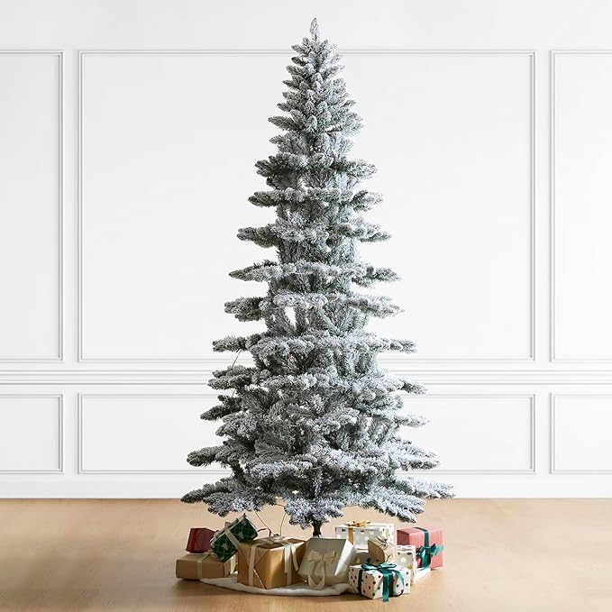 Glitzhome 9ft Pre-Lit Flocked Slim Artificial Christmas Tree Frostwood Spruce with 460 Warm White Lights and Sturdy Metal Stand for Home, Office, Party Decoration