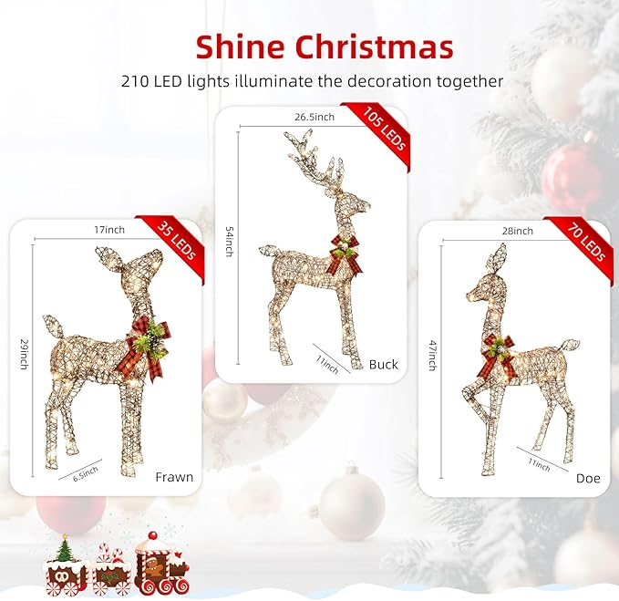 Christmas Decorations Outdoors Reindeer Family - Light up Christmas Decor Brown Deer 3 Piece with LED Lights, Extension Cord, Ground Stakes, for Outdoor Front Yard Porch - Brown
