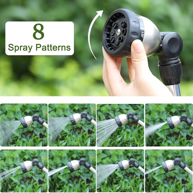 FANHAO Watering Wand Heavy Duty, 16 Inches Metal Garden Hose Wand with 8 Spray Patterns, Long Hose Nozzle Sprayer with ON/OFF Thumb Control, Perfect for Hanging Baskets, Shrubs, Garden and Lawn