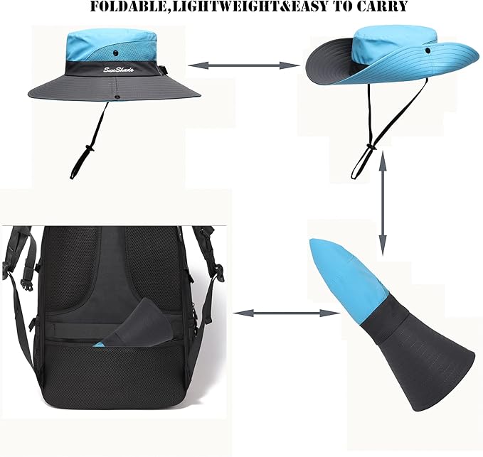 Womens Summer Sun Hat Beach Hat Wide Brim Outdoor UV Protection Hat Foldable Cool Mesh Ponytail Bucket Hat