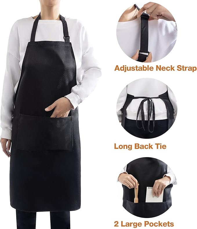 4 Pack Adjustable Apron, Black Apron with 2 Pockets, Machine Washable Apron Perfact for Cooking, Grilling, Dishwashing, Restaurant Work, Best Assistant for Chef Waiter Artist