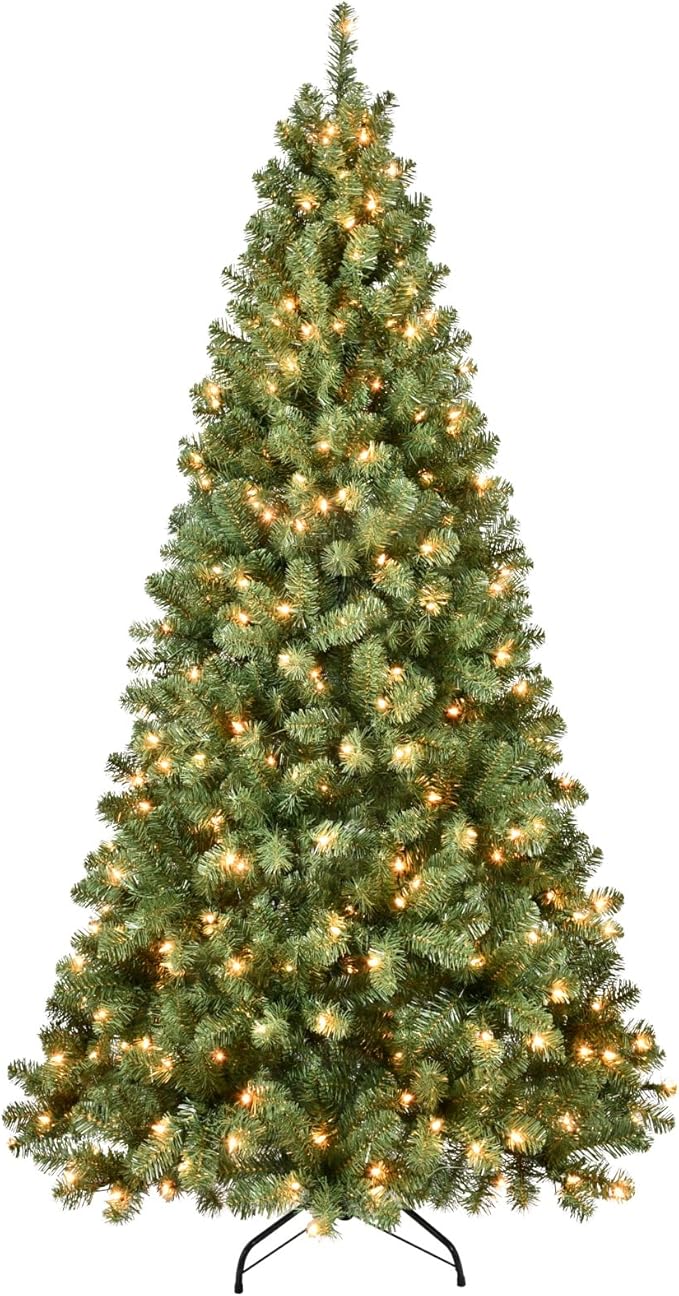 7ft Per-Lit Artificial Christmas Tree with 400 Warm White Lights, Premium Full Hinged Prelight Christmas Tree with 1072 Steel Branch Tips, Green Xmas Tree for Easy Holiday Setup,Foldable Base
