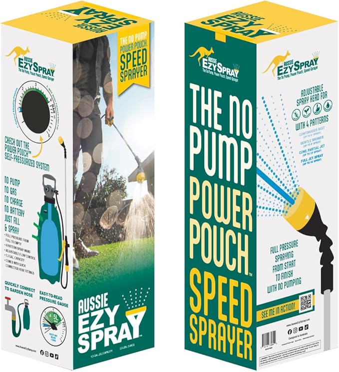 Aussie EzySpray™ 0.8 Gal No-Pump Garden Sprayer – Power Pouch™ Self-Pressurizing Speed, Handheld with 4 Spray Patterns, Comfort Grip Wand, Chemical & Water Use