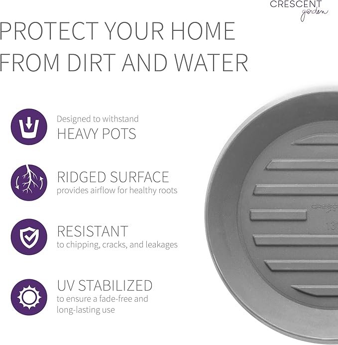 Crescent Garden Universal Round Planter Saucer – Heavy-Duty Drainage Tray for Indoor & Outdoor Use – Fits Pots with 11" Base (15" Total Outer Diameter) - Ash Grey