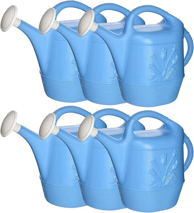 PMU 2 Gallon Watering Can - Garden Watering Can for Indoor & Outdoor Plants - Plastic Water Can with Detachable Sprinkler Head - Large Water Pot, Made in USA - Blue Pkg/6